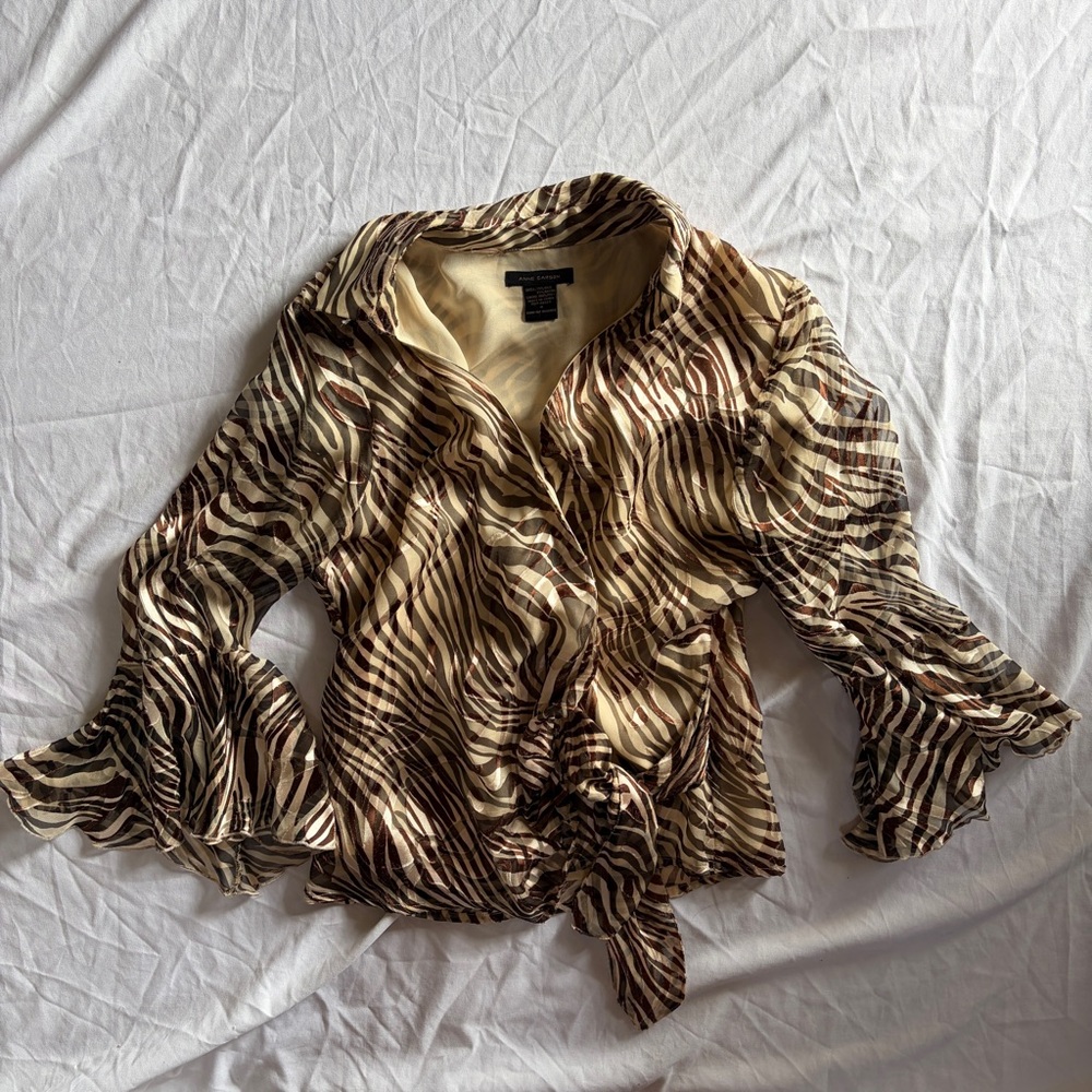 Y2K Sheer Velvet Zebra Wrap Blouse Flutter Sleeves